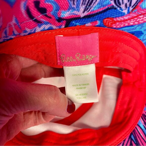 Lilly Pulitzer Ruby Red Sun Hat Wild Times Pink Blue Wide Brim Tropical Beachy - Picture 13 of 14